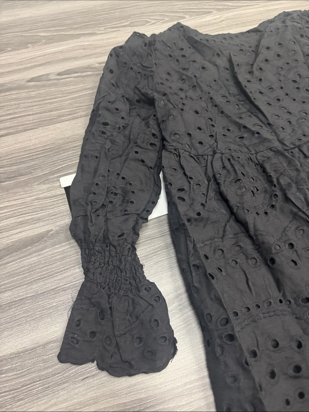 Black Eyelet Midi Dress with Long Sleeves - Women’s Midi Dress